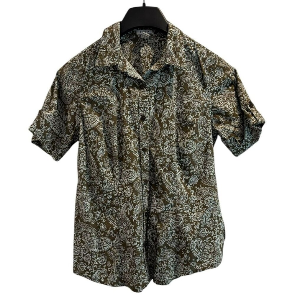 Izod Brown Paisley Button-Up Shirt – 100% Cotton Collared Short Sleeve Women’s S